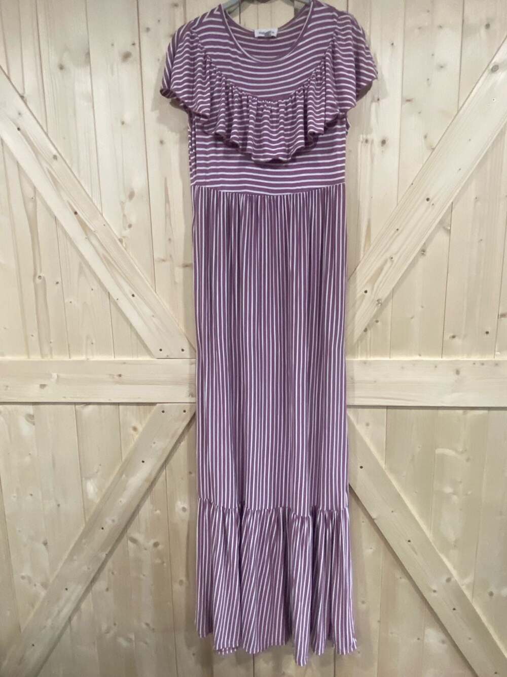 Hailey & Co. Purple and White Striped Ruffle Short Sleeve Maxi Dress